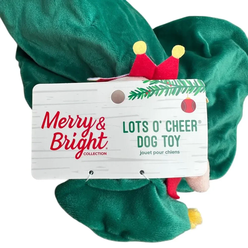 Merry & Bright Elf Plush Dog‎ Toy Green Crinkle Thrash Stuffy Christmas New